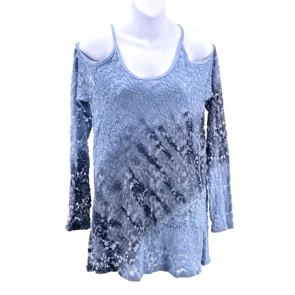 T-Party Top M Blue Multishade Stretchy Lace Top Long Sleeves Feminine Whimsy
